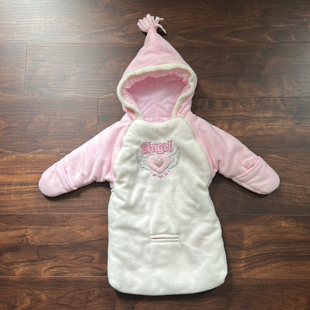 🔴MON PETIT Pink White Fleece Hooded Car seat Onesie